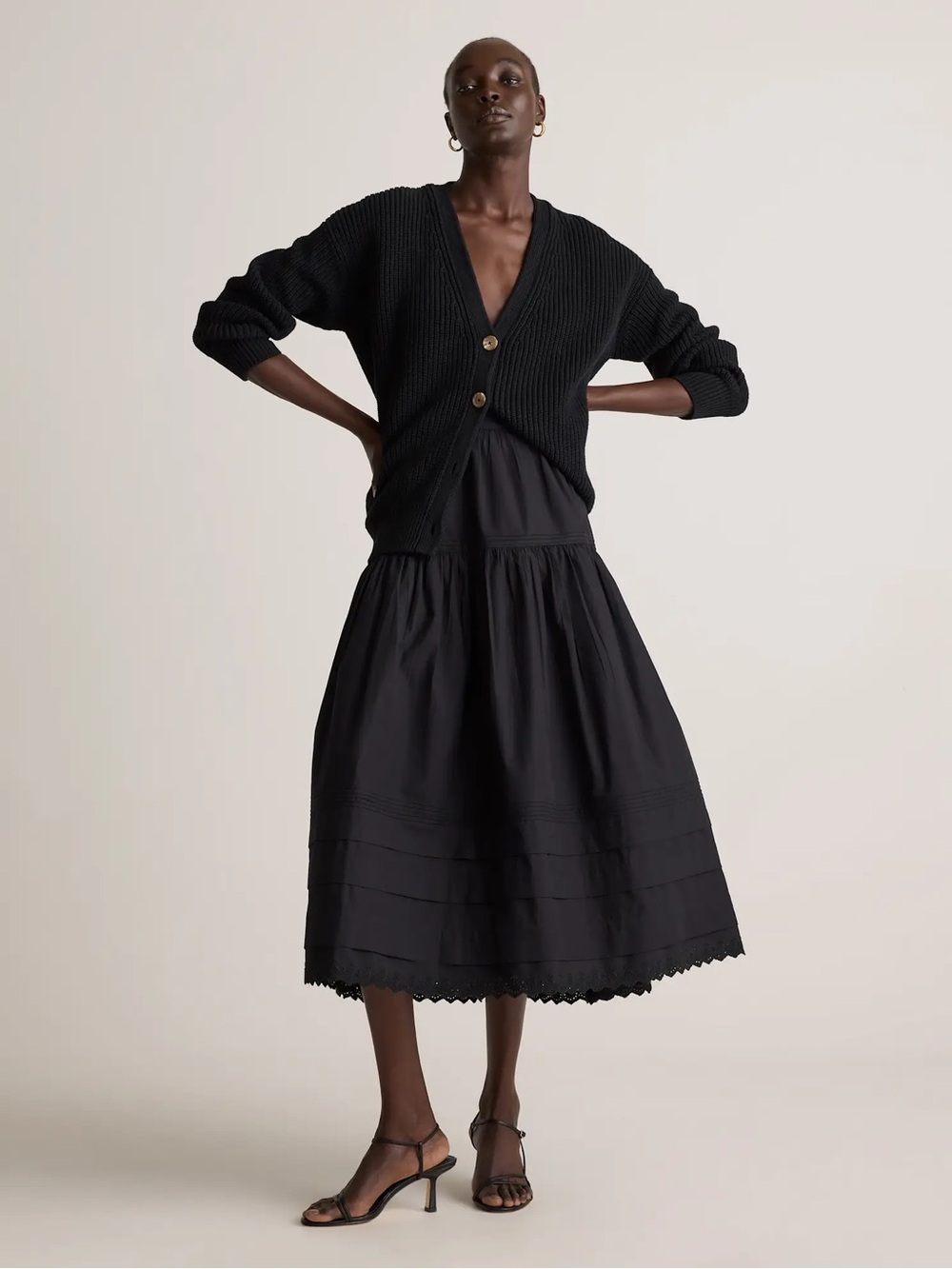 Quince Black Tiered Midi Skirt